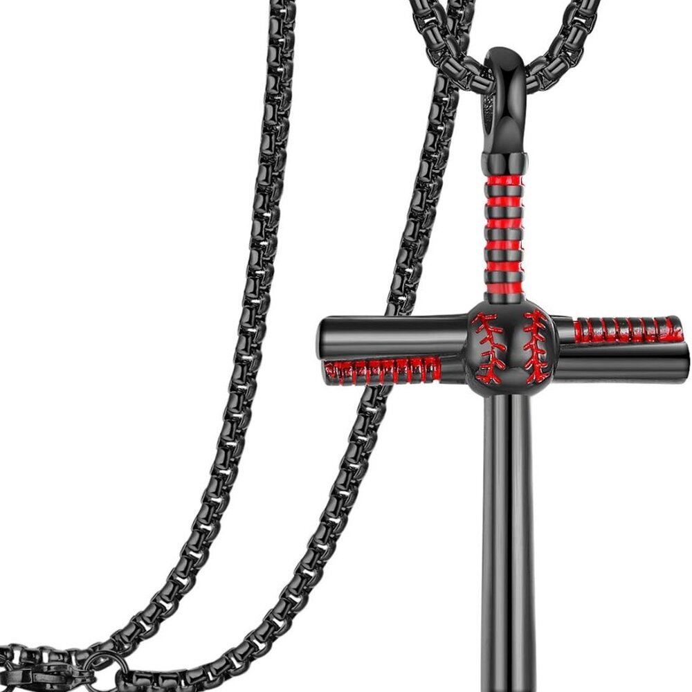 Baseball Bat Cross Pendant Necklace for Men Women with 22+2" Adjustable Stainles
